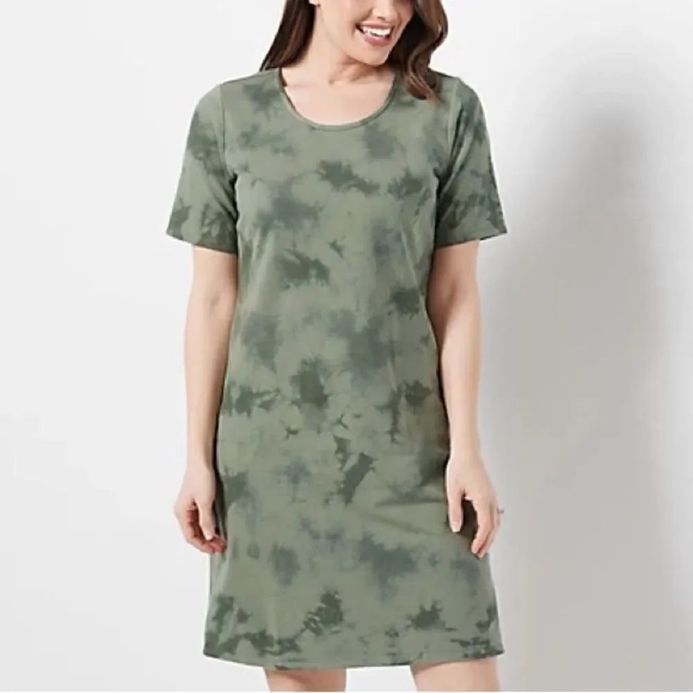 Denim & Co. Petite French Terry Crystal Wash Tie-Dye T-Shirt Dress